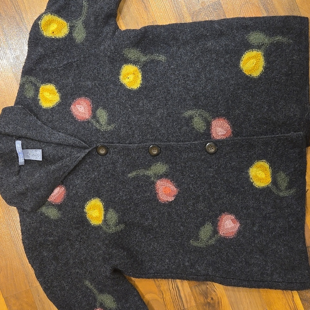 Carroll Reed Floral Button-Up Cardigan 100 Percent Wool